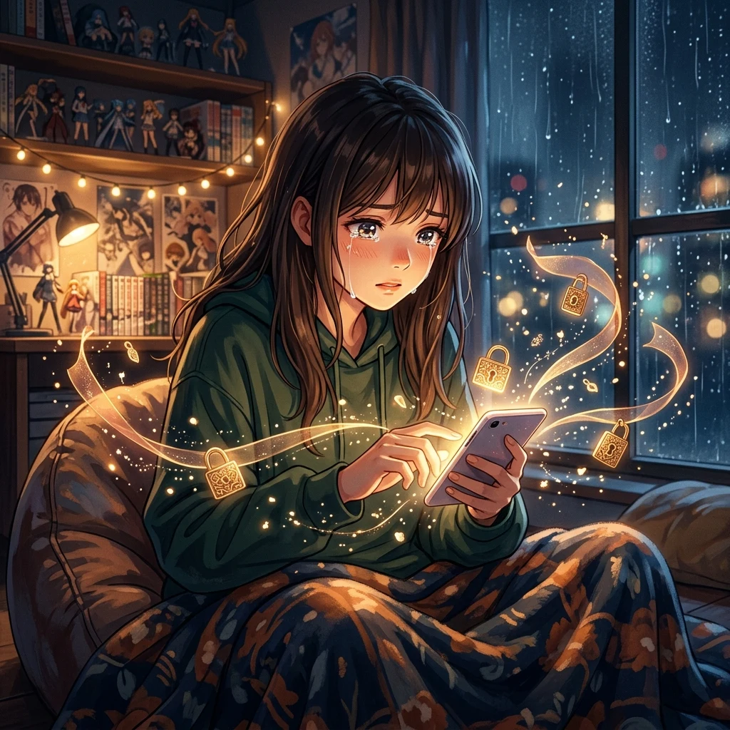 雨の夜の部屋で涙を流しながら推しへの熱い考察を鍵付き伏字でタイピングする限界オタク