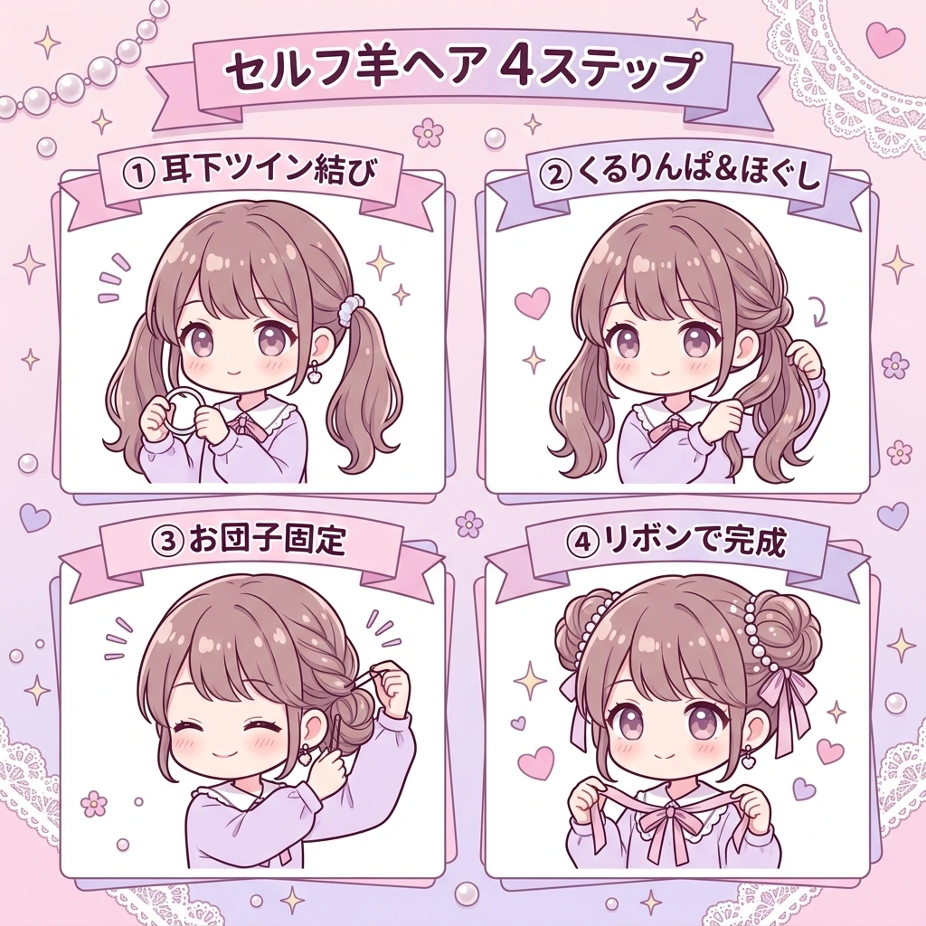 セルフ羊ヘアのやり方4ステップ図解（耳下ツイン結び・くるりんぱ・お団子固定・リボン完成）