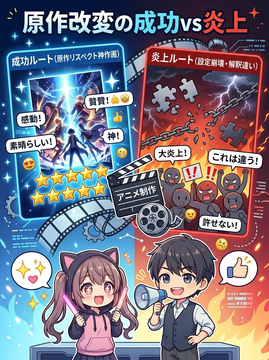 「原作改変」はなぜ嫌われる？炎上の理由と成功・失敗アニメの違いの重要ポイント図解まとめ