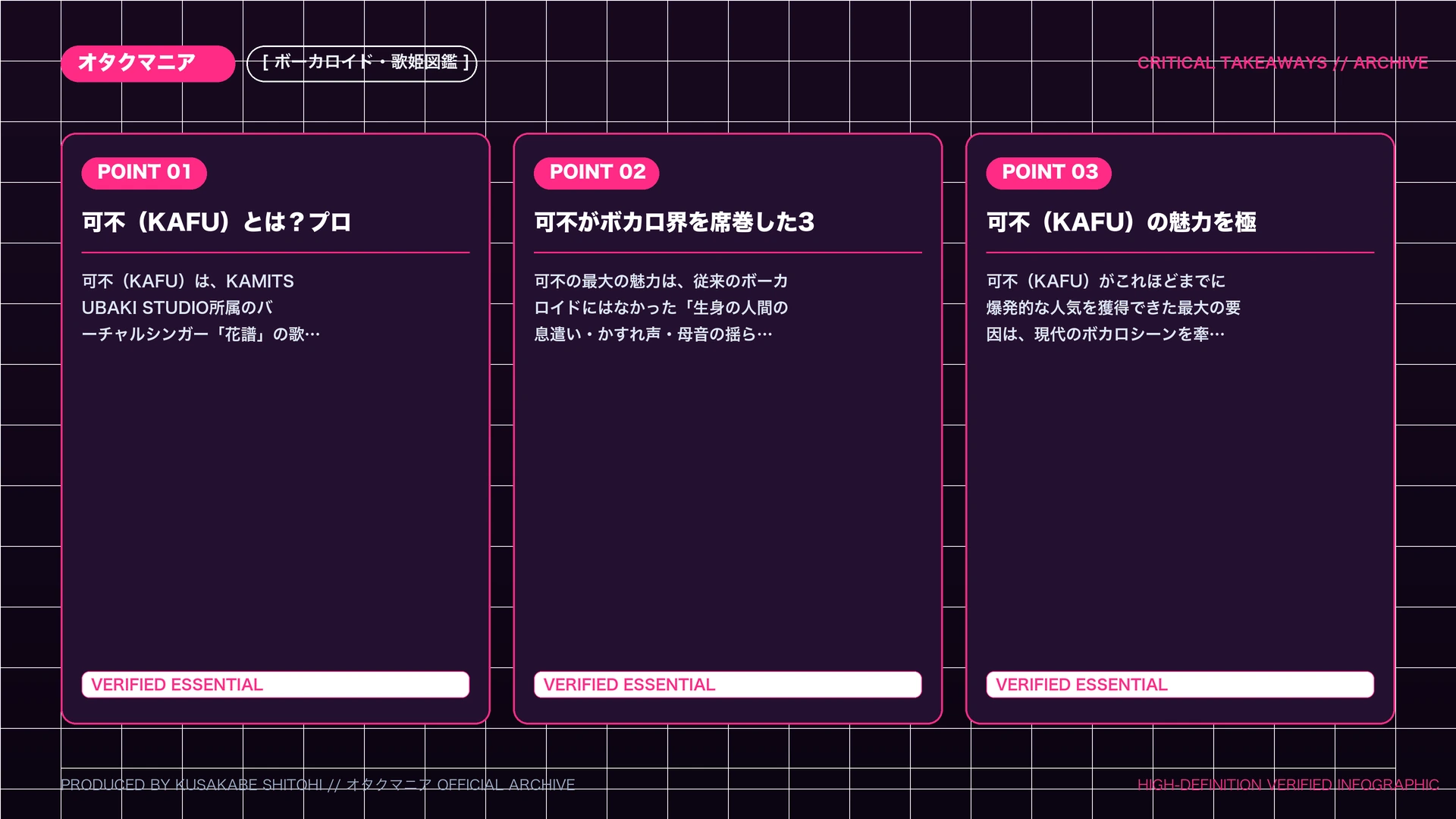 【ボカロ】可不（KAFU）のプロフィール・声優(CV)と歴代神曲10選まとめの重要ポイント図解まとめ