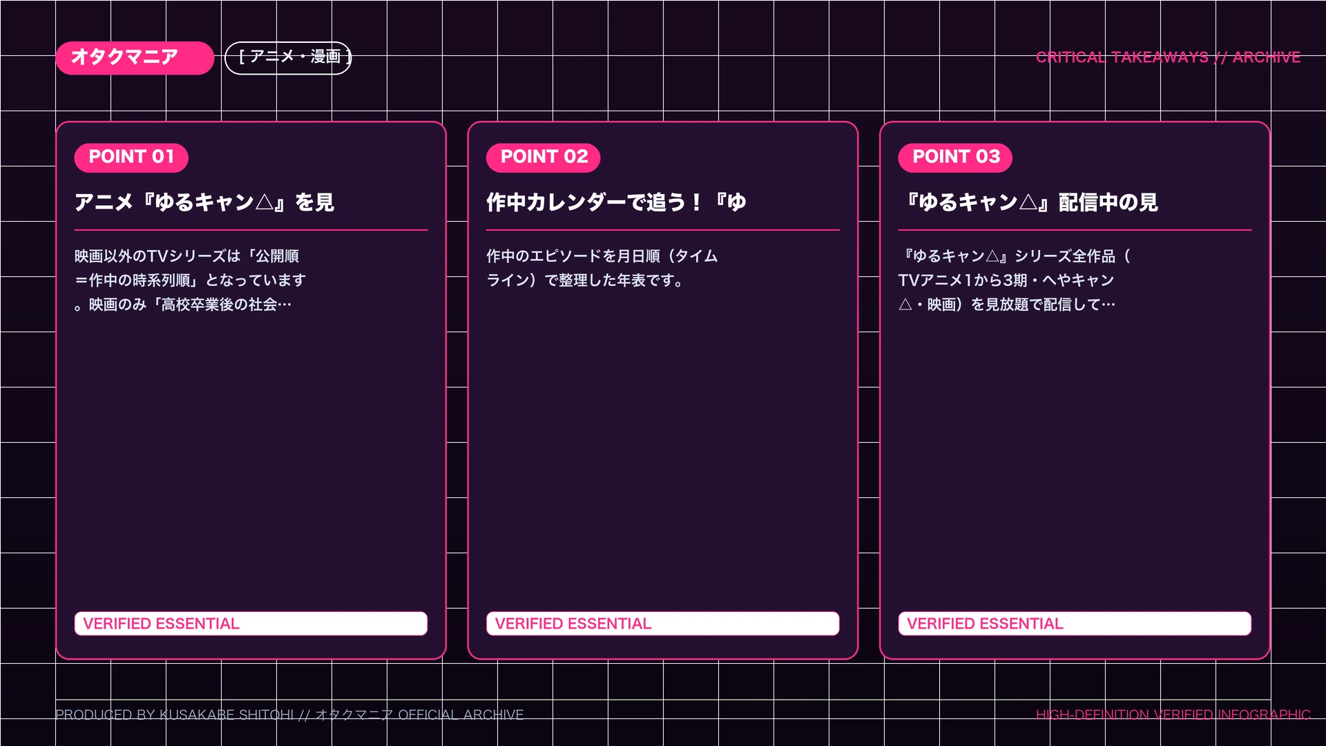 アニメ『ゆるキャン△』見る順番おすすめ！TV1から3期・映画の時系列まとめの重要ポイント図解まとめ