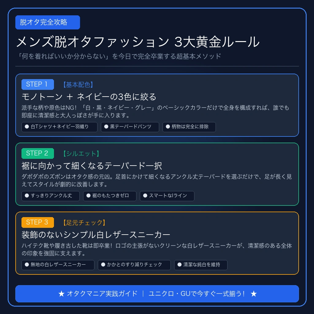 オタク男子向け脱オタメンズファッション3大黄金ルール図解