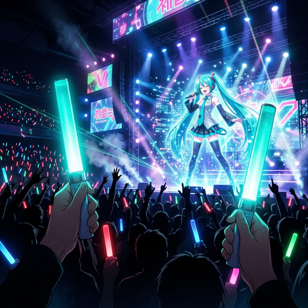 初音ミクのライブステージで両手にペンライトを掲げるファンの熱狂的な様子