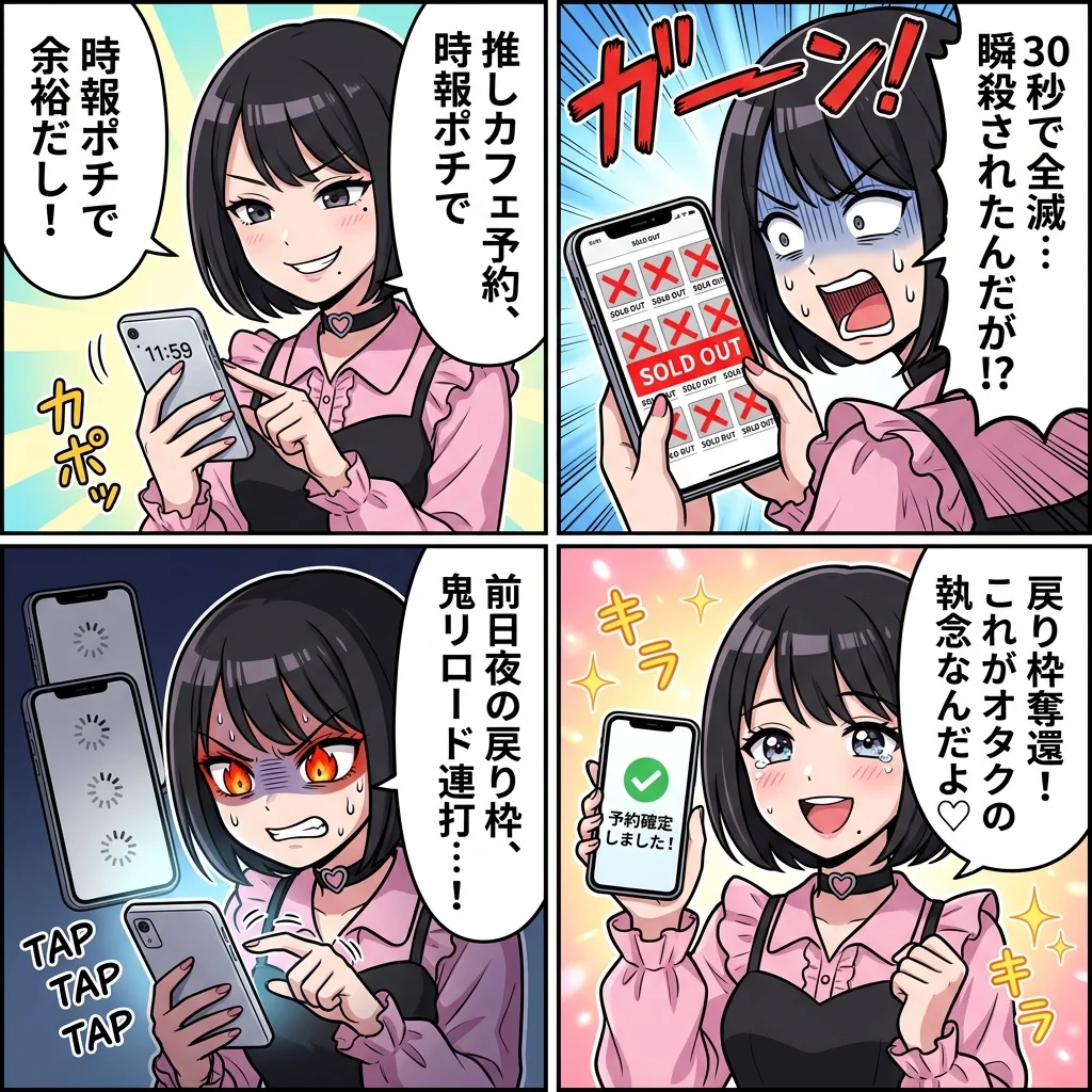 コラボカフェ予約戦争とキャンセル戻り枠の執念奪還劇4コマ漫画