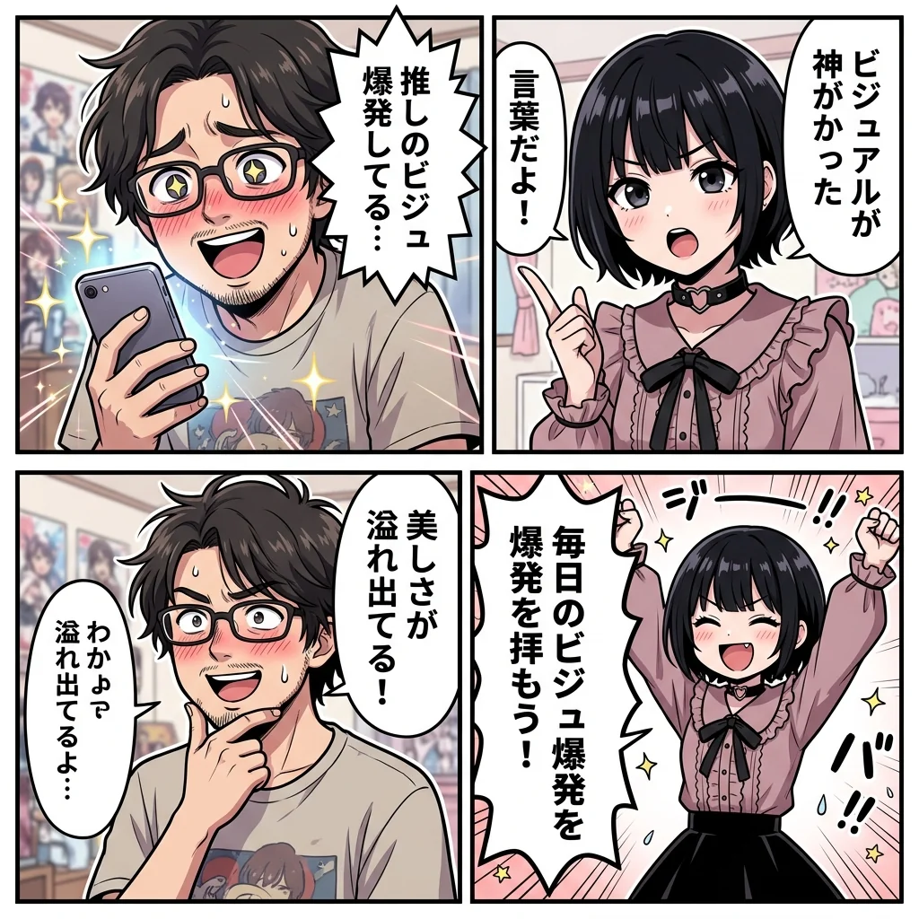 「ビジュ爆発」の意味と元ネタとは？使い方やSNS例文を完全解読の4コマ漫画