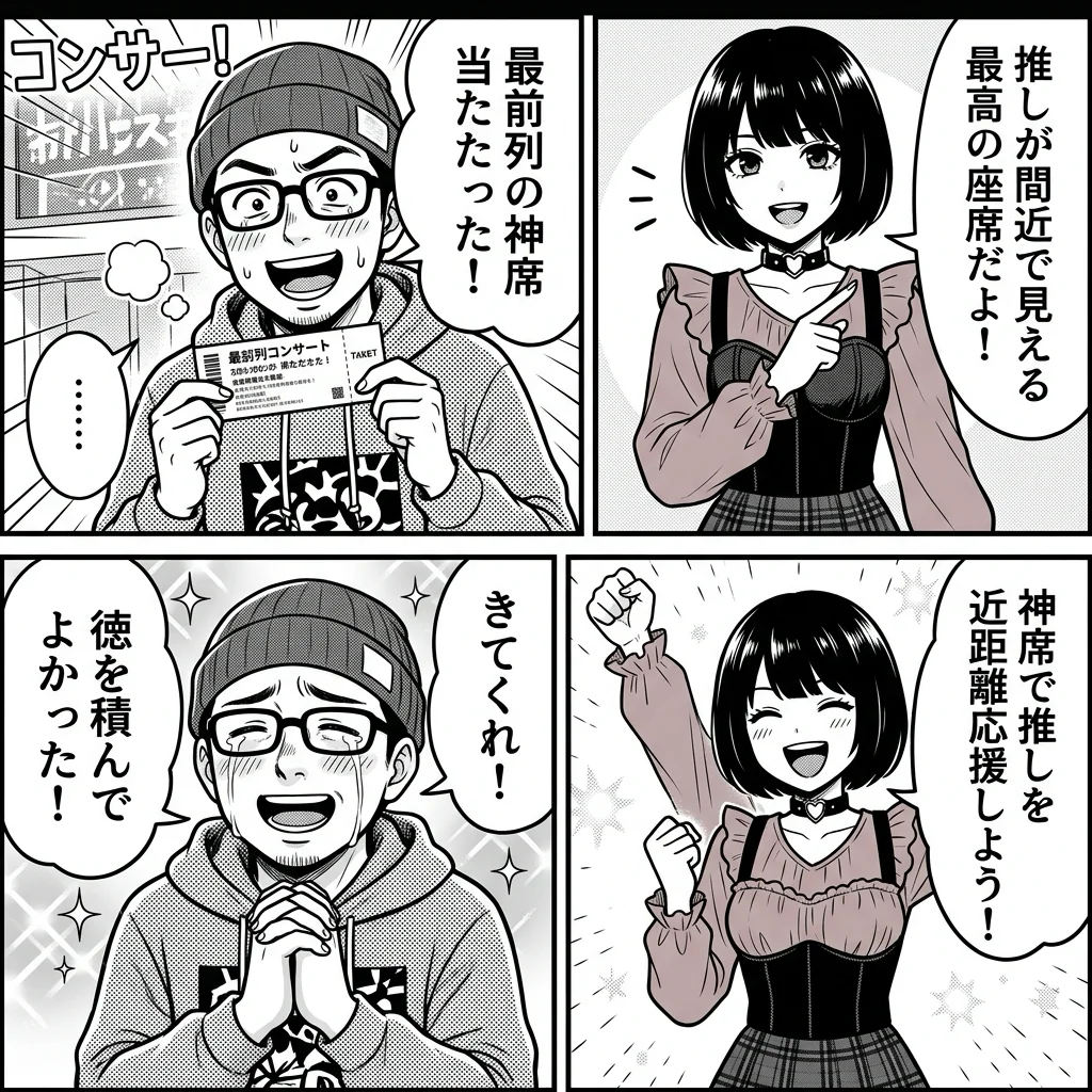 神席引き当てと徳積みジンクス4コマ漫画