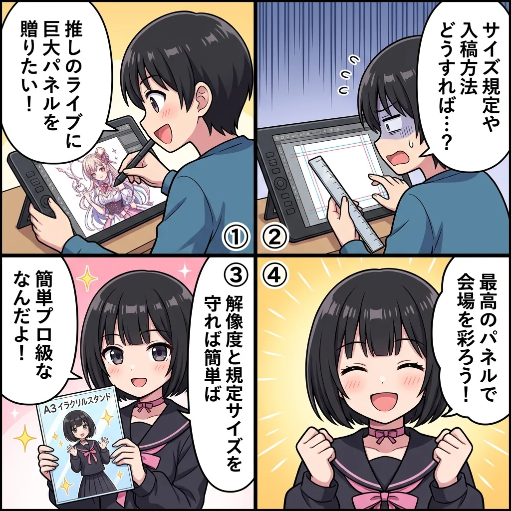 フラスタパネルの作り方・発注ガイド！サイズ規格と印刷業者4コマ漫画