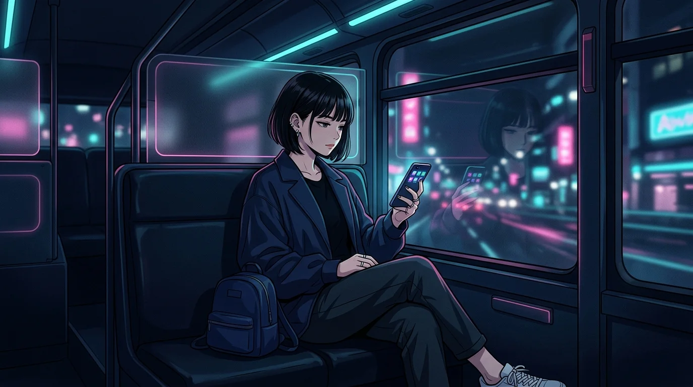 3列独立シートの夜行バスでスマホを見る女の子