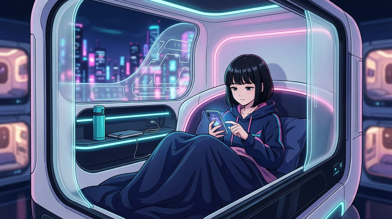 女性専用カプセルホテルでくつろぐ女の子