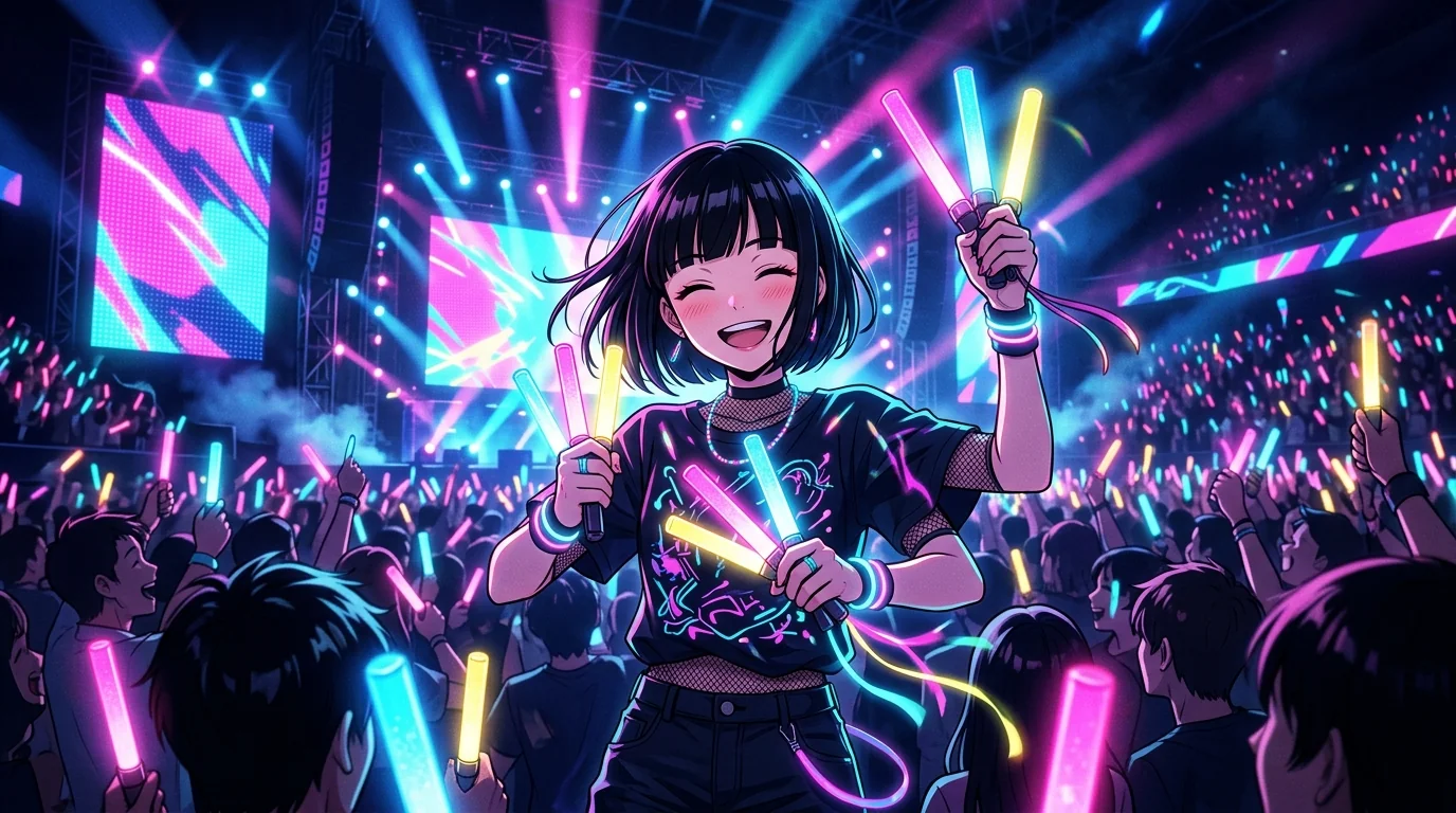 ライブ会場でペンライトを持って楽しむ女の子