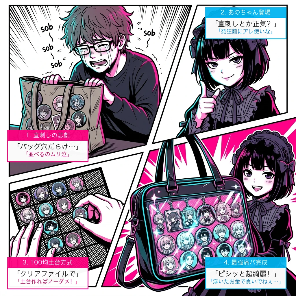 【4コママンガ】痛バ作りでよくある失敗と100均土台による解決法