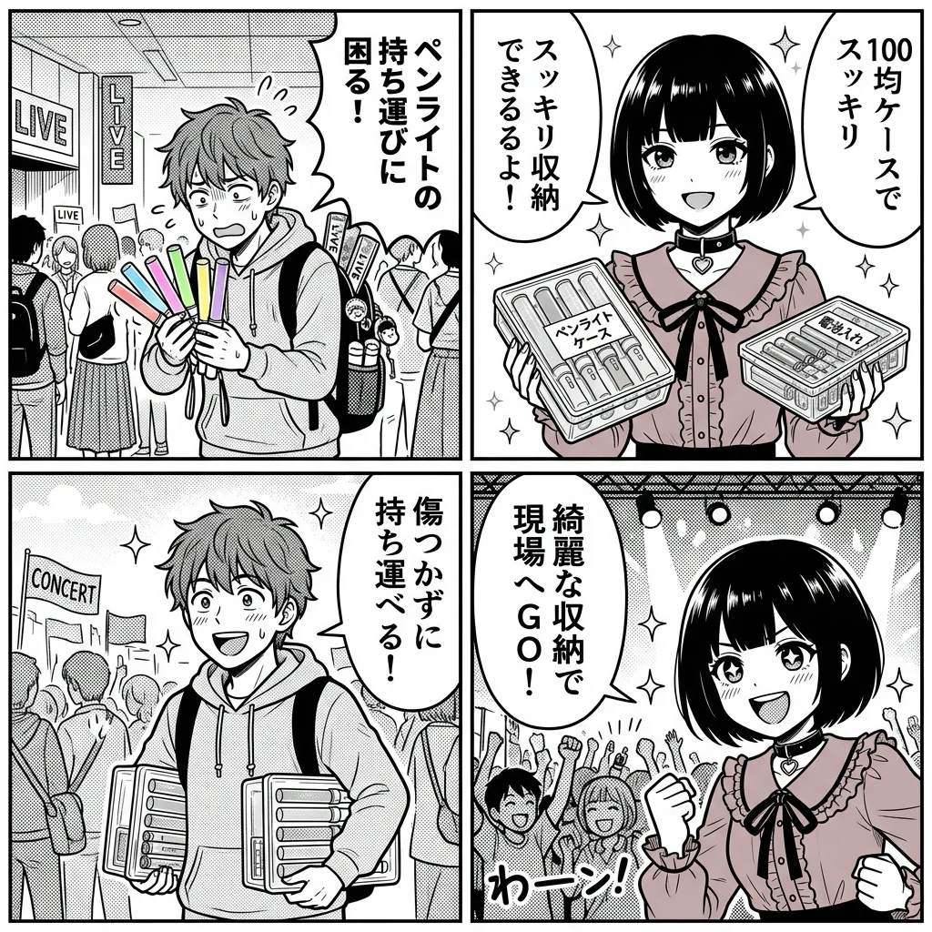 【4コマ漫画】ペンライト収納と安全な持ち運びマナー