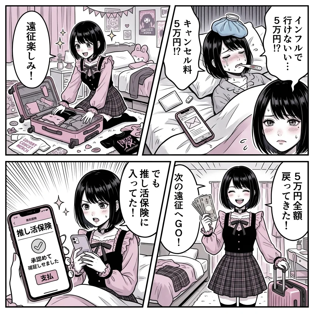 推し活キャンセル保険あのちゃん斜めコマ割り4コマ漫画