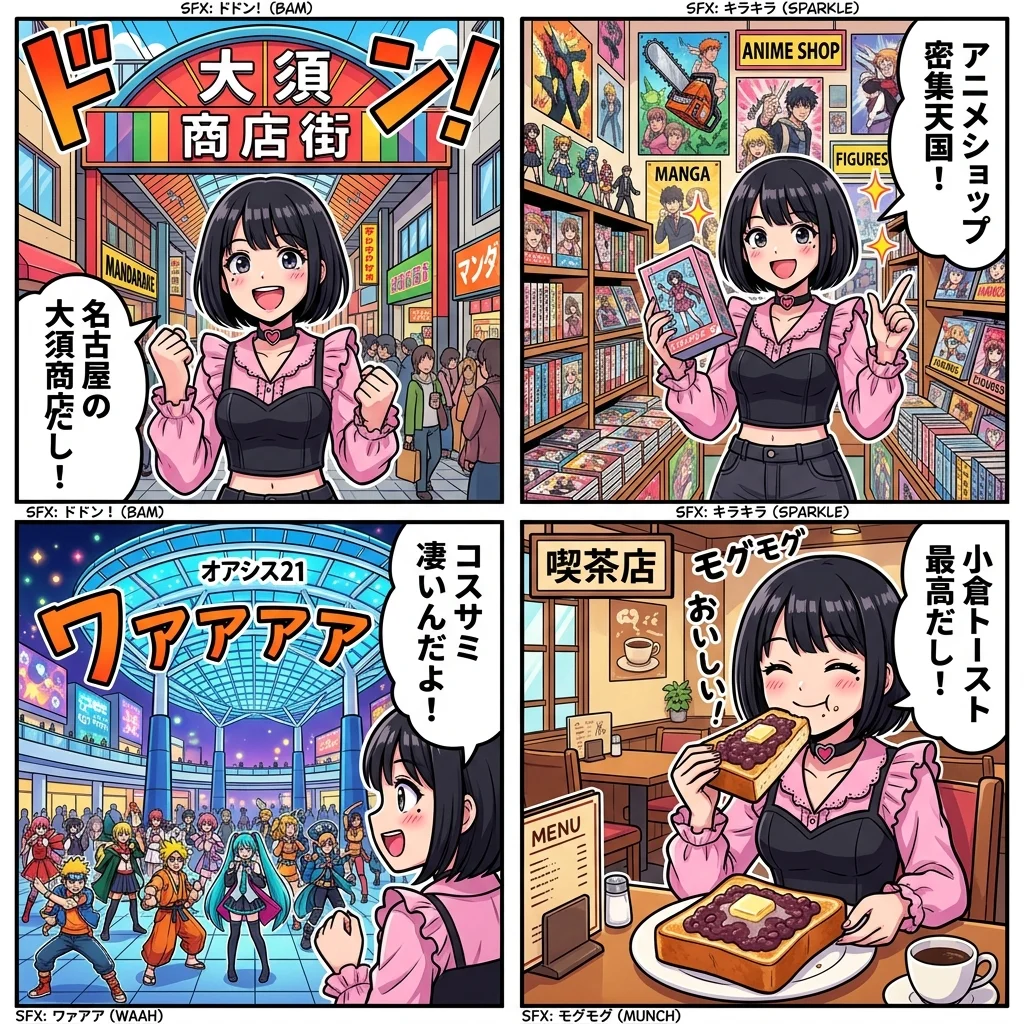 名古屋アニメ・オタクイベント限定グッズ・大須商店街巡りのオタクあるある4コマ漫画