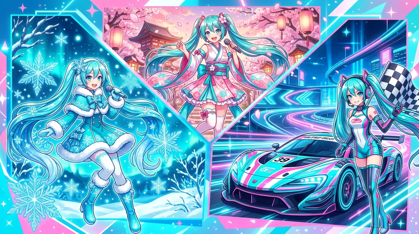 雪ミク 桜ミク レーシングミク 公式派生バリエーション比較イラスト