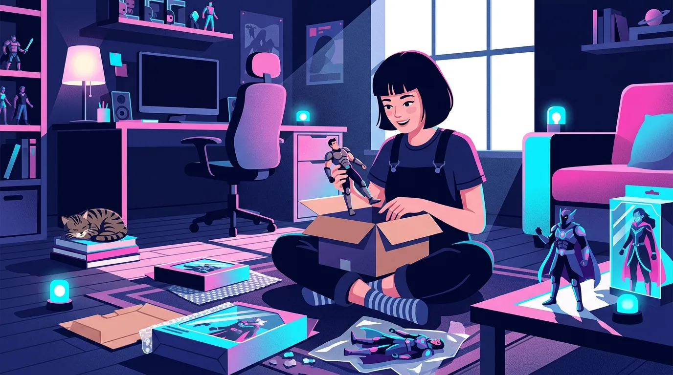 自分の部屋で届いた大きな段ボール箱を開け、中からフィギュアを取り出して喜ぶ少女