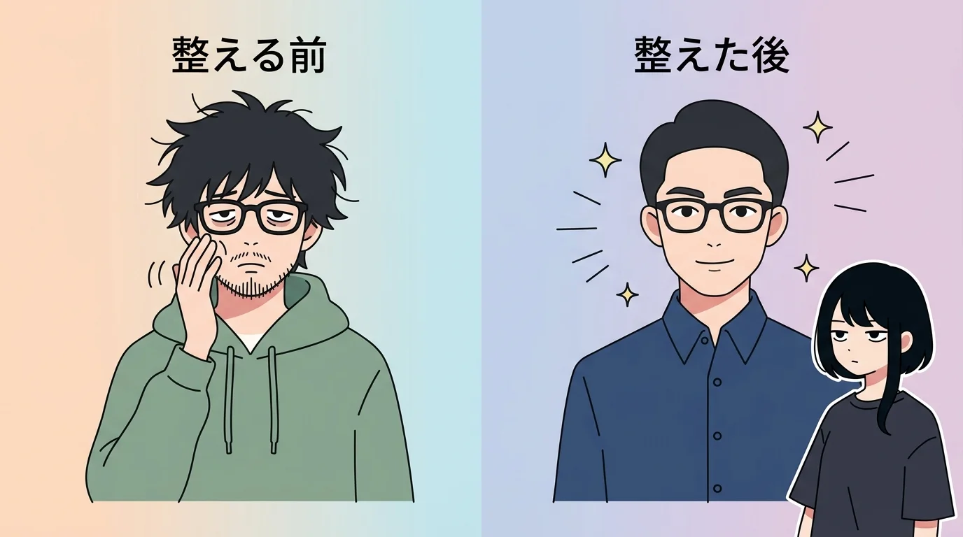 チー牛改善ステップビフォーアフターとあのちゃん風キャラのイラスト