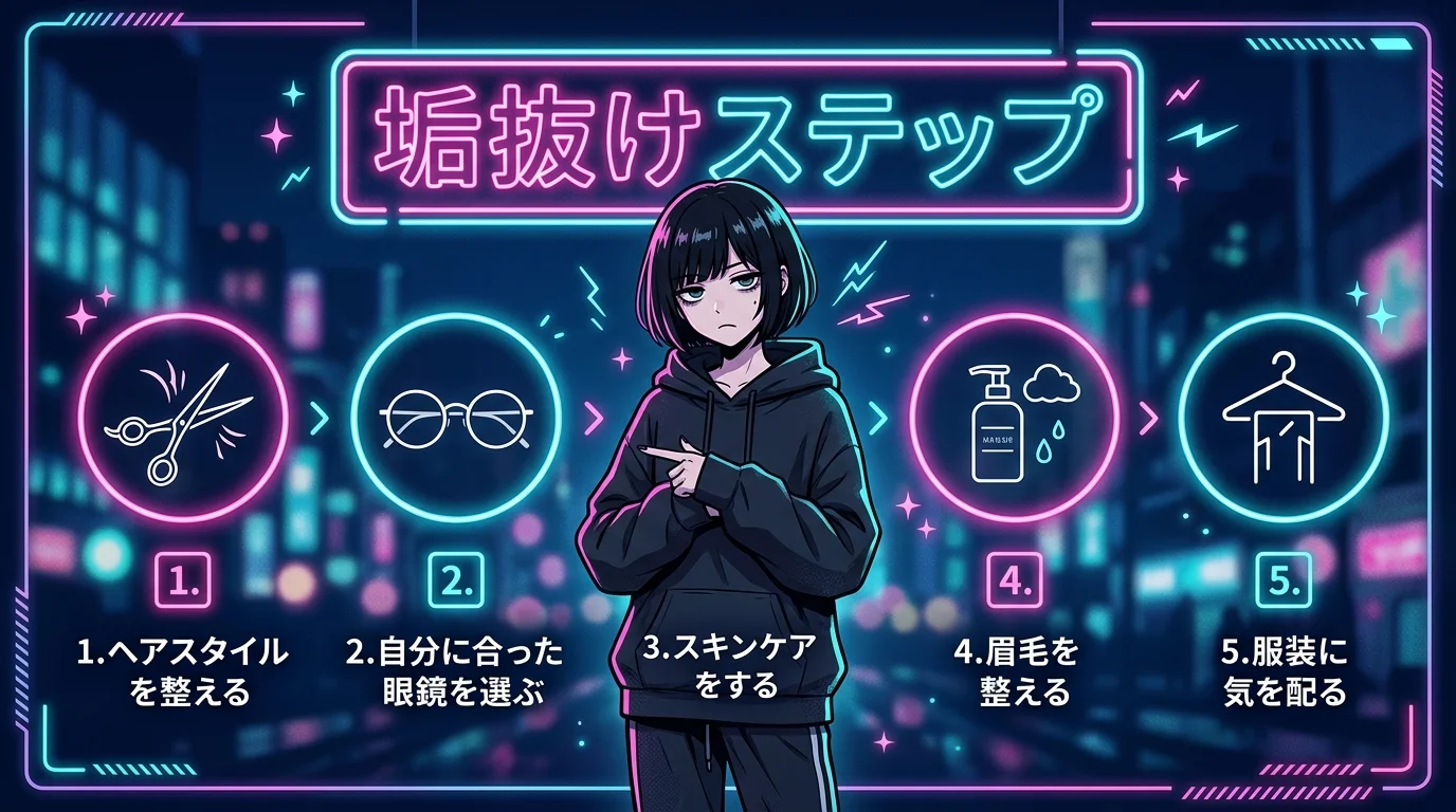 垢抜けステップとあのちゃんイラスト
