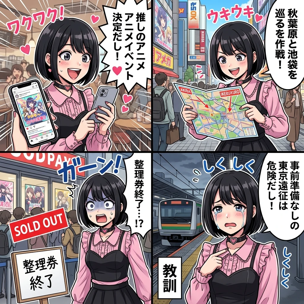 東京のアニメ・オタクイベント限定グッズ・ポップアップストア巡りのオタクあるある4コマ漫画
