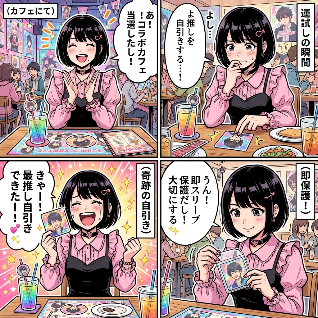コラボカフェのランダムコースター引きとオタクの歓喜4コマ漫画