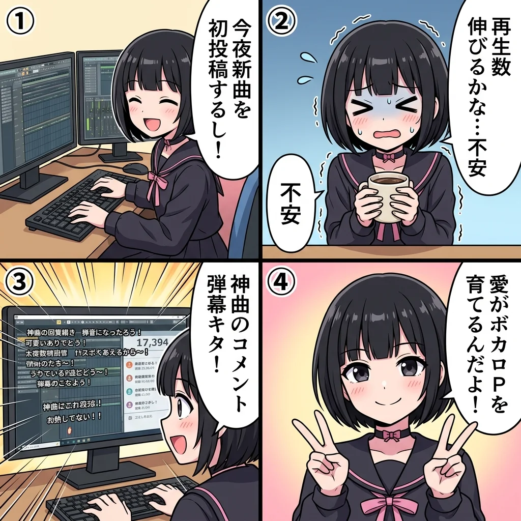 ボカロPの由来とヒット曲誕生の秘密4コマ漫画
