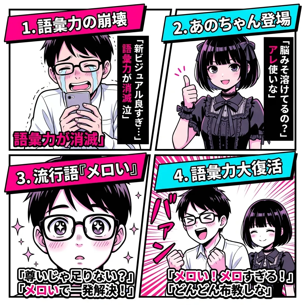 「メロい」の意味と使い方を解説する4コマ漫画