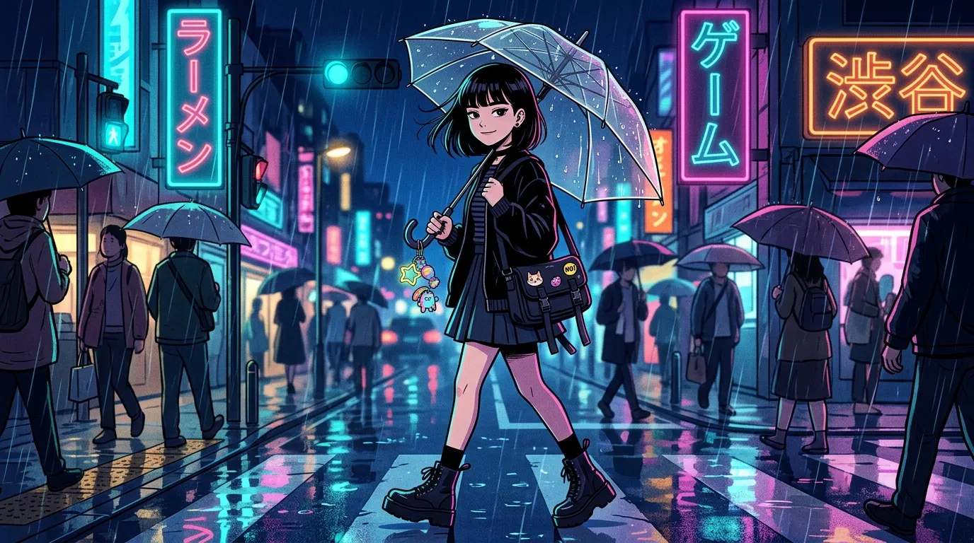 雨の日にめじるしチャームがついた傘をさして微笑む女の子のイラスト