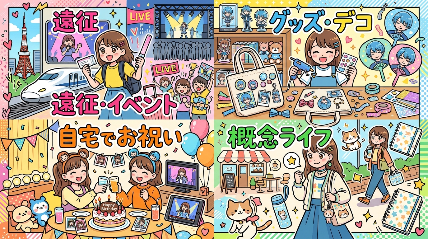 遠征・イベント、グッズデコ、自宅でお祝い、概念ライフの4大推し活アイデアを描いた日本語イラスト
