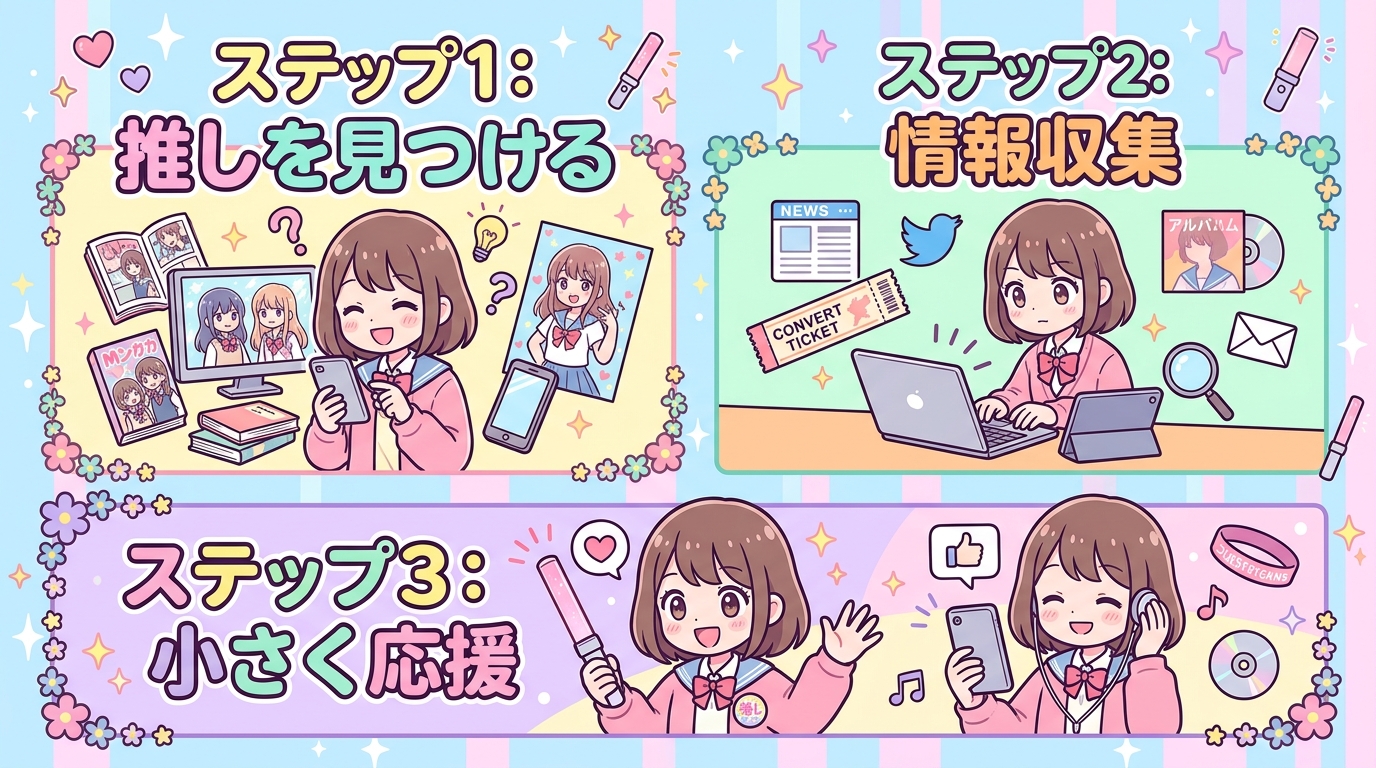 推しを見つける、情報収集、小さく応援するの3ステップを解説した日本語イラスト