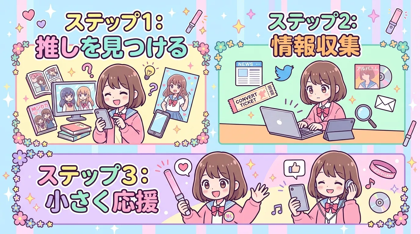 推しを見つける、情報収集、小さく応援するの3ステップを解説した日本語イラスト