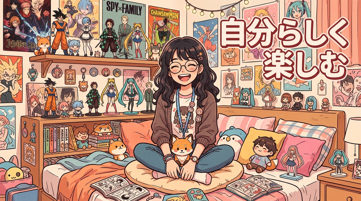 自分らしく推し活を楽しむファンを描いたまとめの日本語イラスト