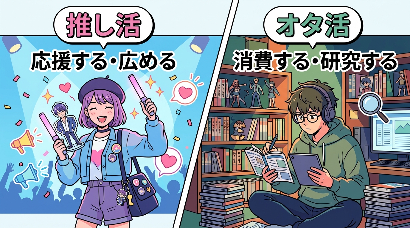 推し活とオタ活の違いを応援と消費のベクトルで表した日本語解説イラスト