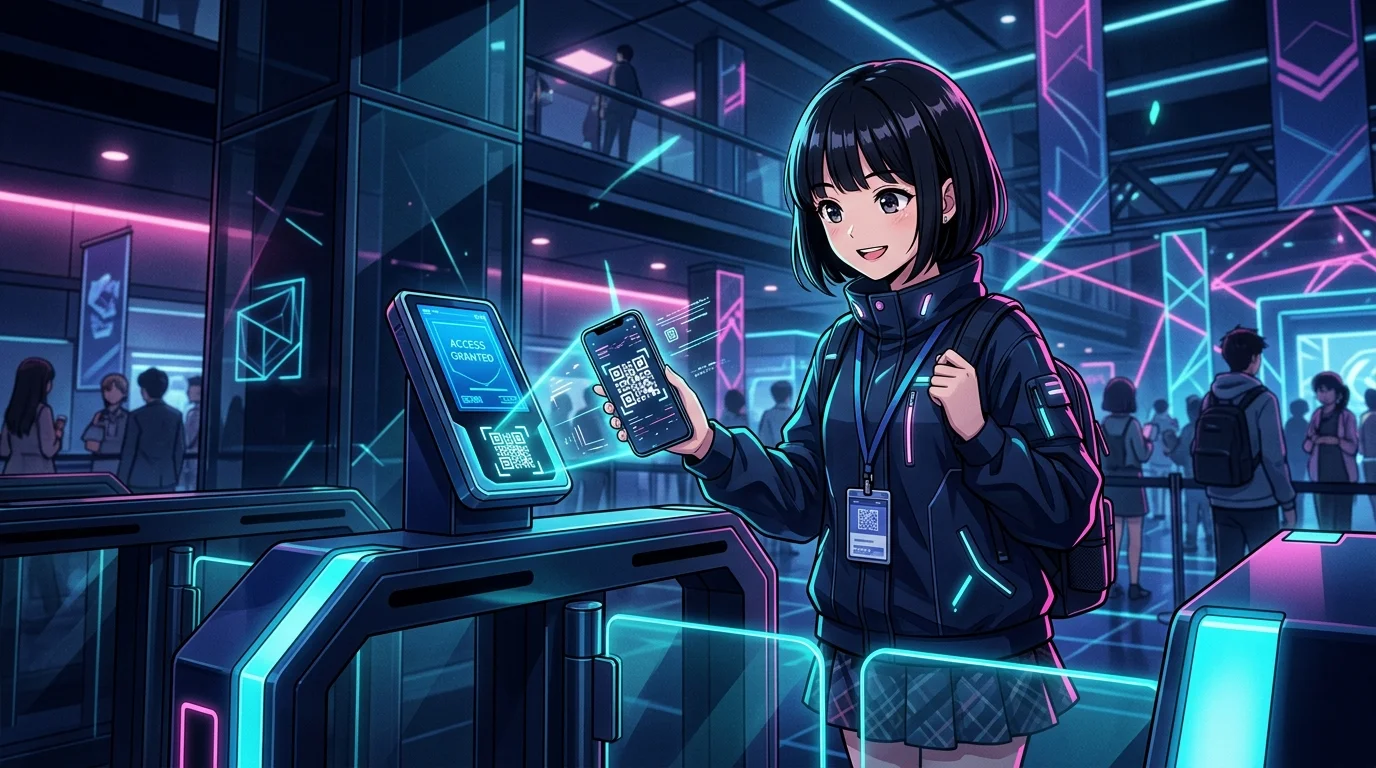 スマホで二次元バーコードのチケットを提示する女の子