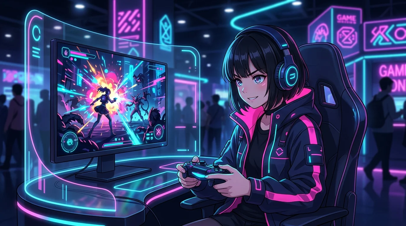 ゲーム試遊ブースでコントローラーを握って遊ぶ女の子