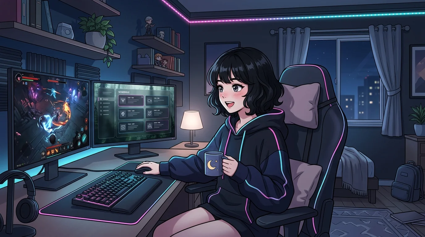 自宅のPCモニターでゲームショーの配信番組を見る女の子