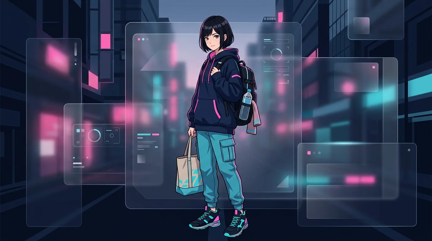 動きやすい服装とスニーカー、リュックで立つ女の子