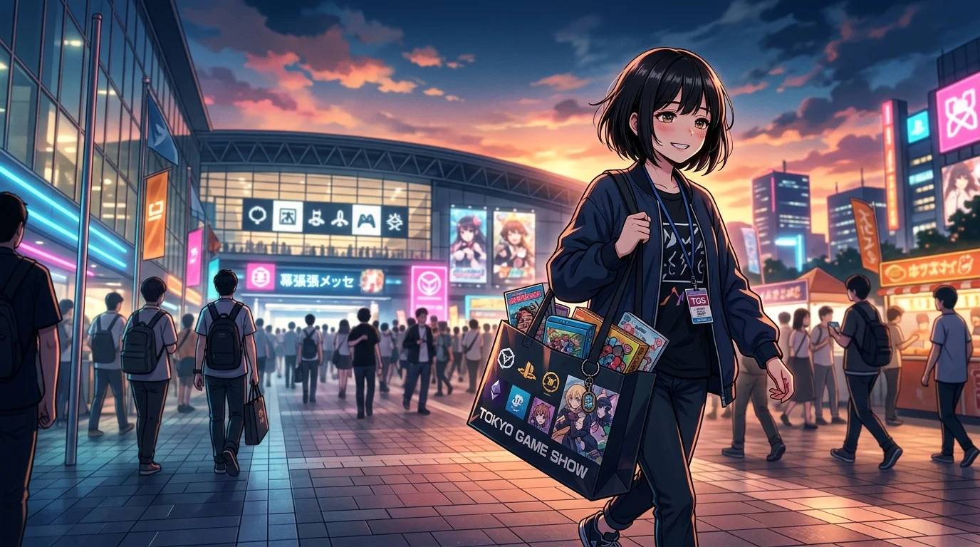 お土産グッズを抱えて満足そうに帰る女の子