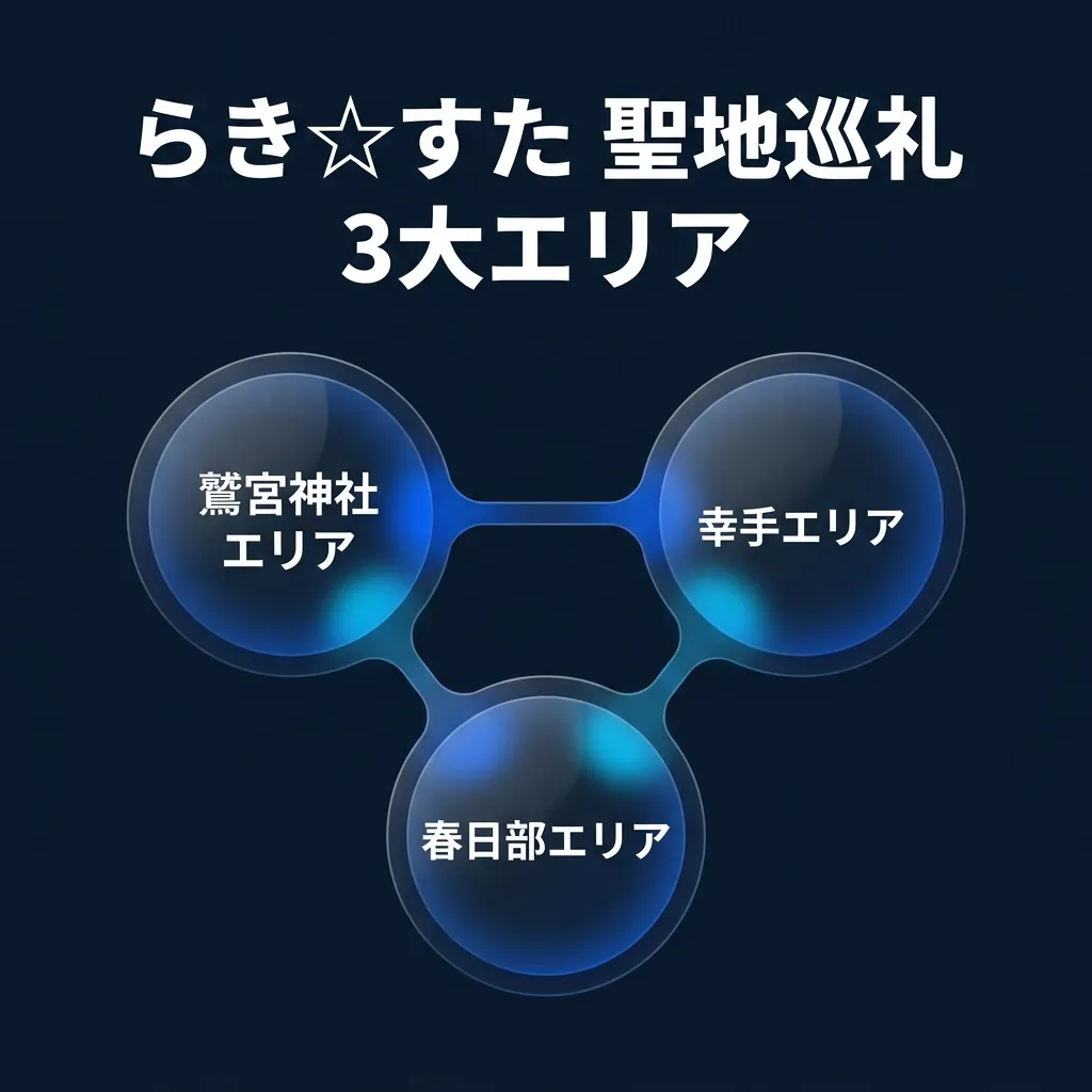 らき☆すた聖地巡礼 3大エリア(鷲宮・幸手・春日部)の図解