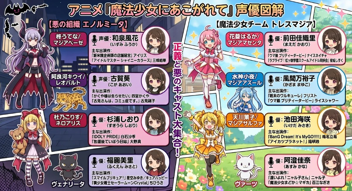 アニメ『魔法少女にあこがれて』声優図解(柊うてな/マジアベーゼ:和泉風花、阿良河キウィ/レオパルト:古賀葵、杜乃こりす/ネロアリス:杉浦しおり、花菱はるか/マジアマゼンタ:前田佳織里、水神小夜/マジアアズール:風間万裕子、天川薫子/マジアサルファ:池田海咲、ヴェナリータ:福圓美里、ヴァーツ:阿澄佳奈)