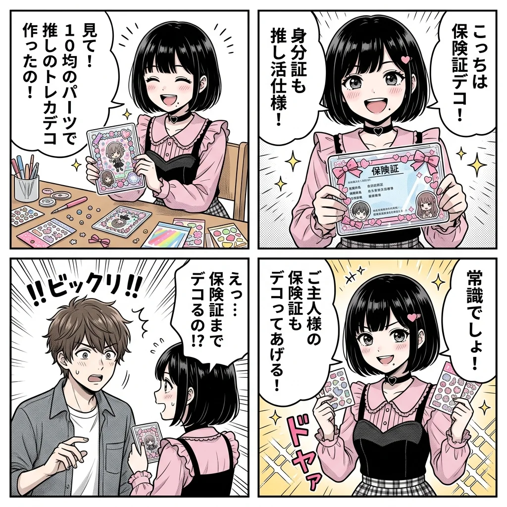 【4コマ漫画】トレカデコと保険証デコの罠！100均推し活DIY