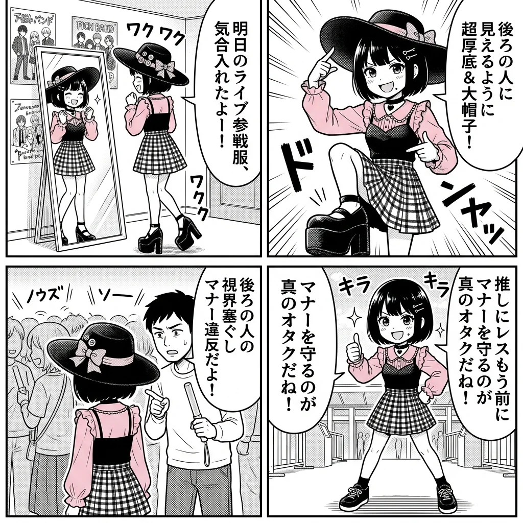 【4コマ漫画】参戦服の罠！高ヒールと大帽子のライブマナー違反