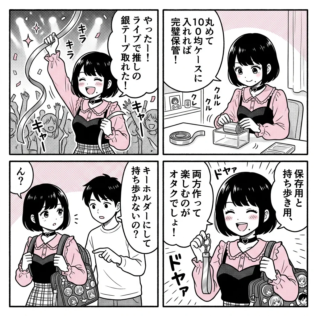 【4コマ漫画】銀テープ収納の罠!100均ケース保管とキーホルダーDIY