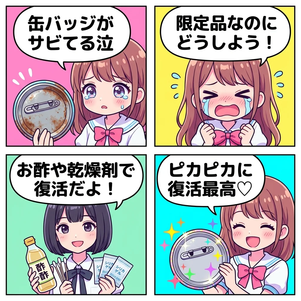 缶バッジの錆び取りと防錆保護 4コマ漫画