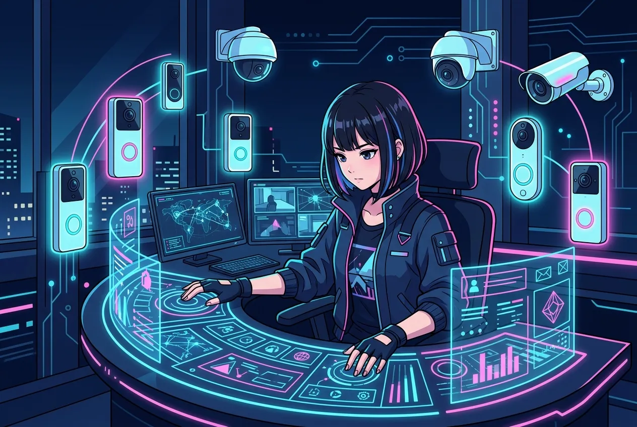 スマートインターホンや屋外防犯カメラを操作する女の子