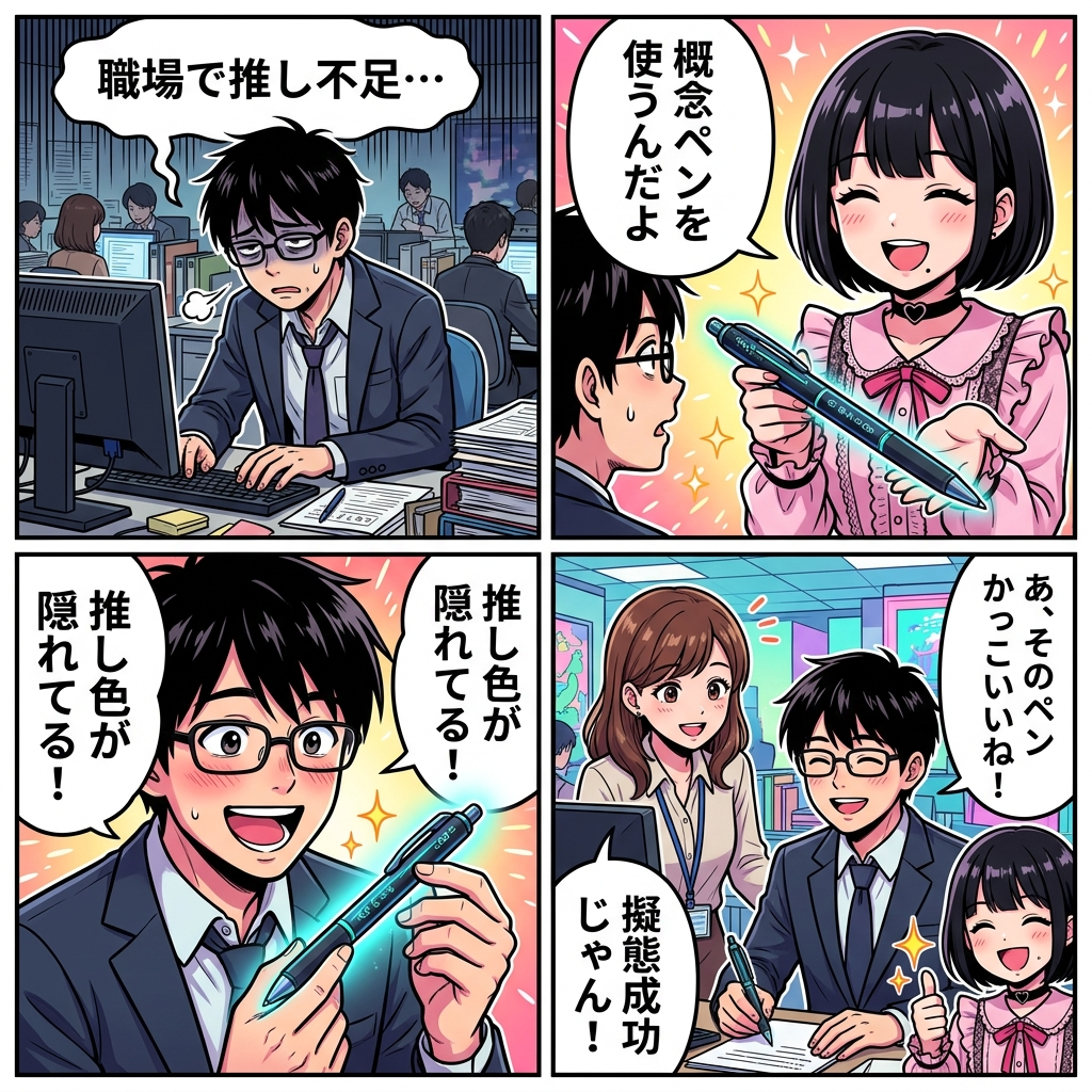 4コマ漫画:職場での概念ペン活用と擬態推し活