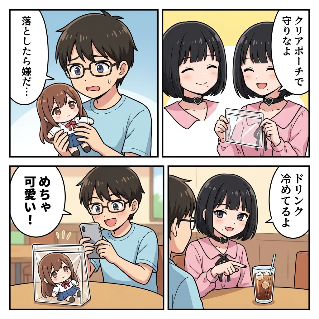 【4コマ漫画】推しぬいとお出かけ!保護ポーチとぬい撮りの罠