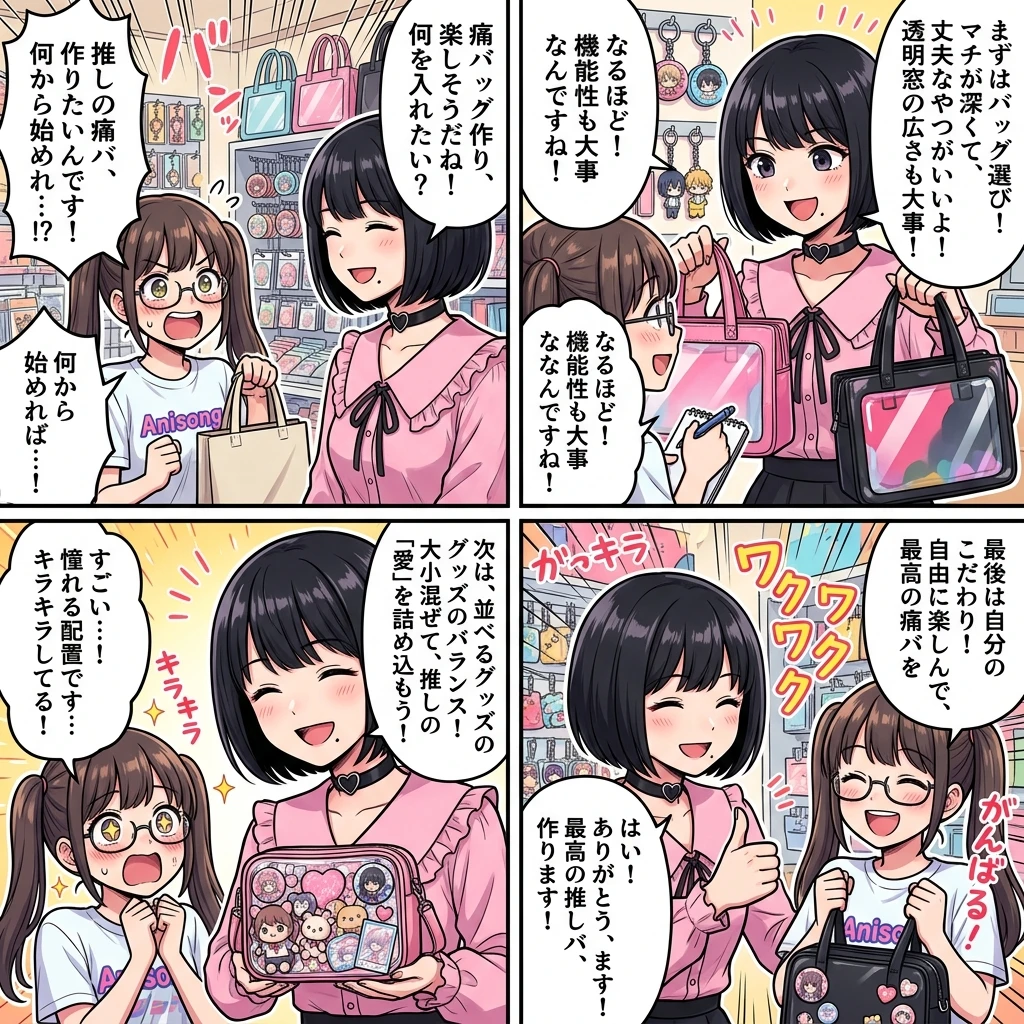 【4コマ漫画】痛バおすすめ選び方!サイズとブランドの決定ポイント