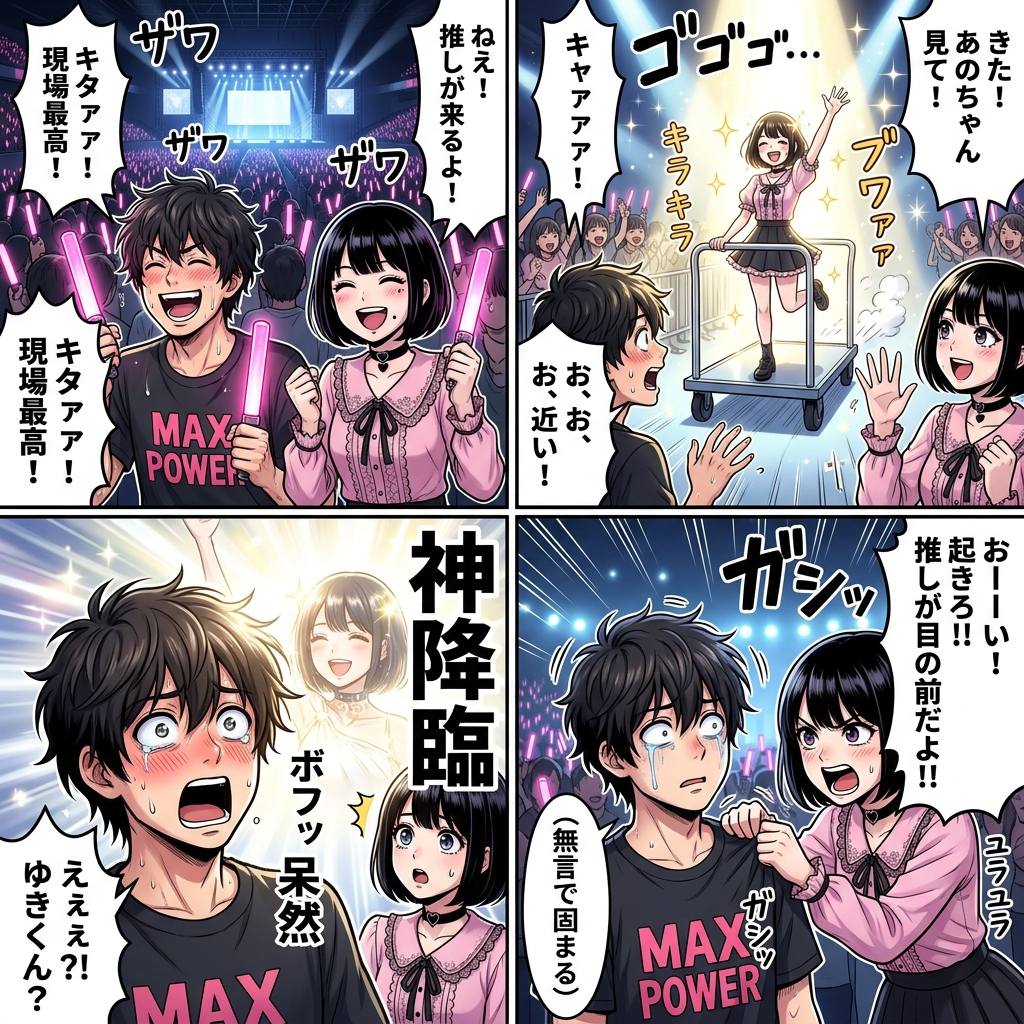 【4コマ漫画】客席に推しが「神降臨」して白目フリーズするあのちゃんご主人様